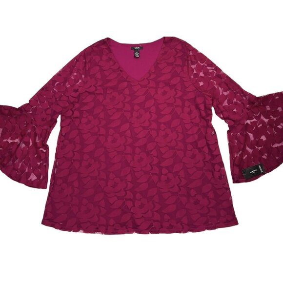 NWT Alfani Blouse Plus 3x Magenta Lace Bell Sleeves V Neck Stretch - Picture 4 of 15